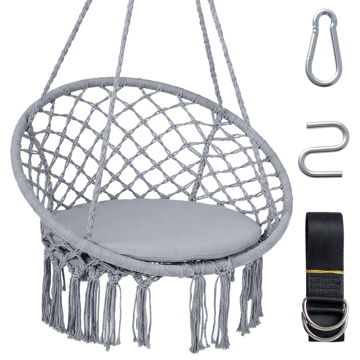 Macrame Swing Chair Hammock Chair with Round Seat Cushion-Grey-Hammocks-DECOROLALA