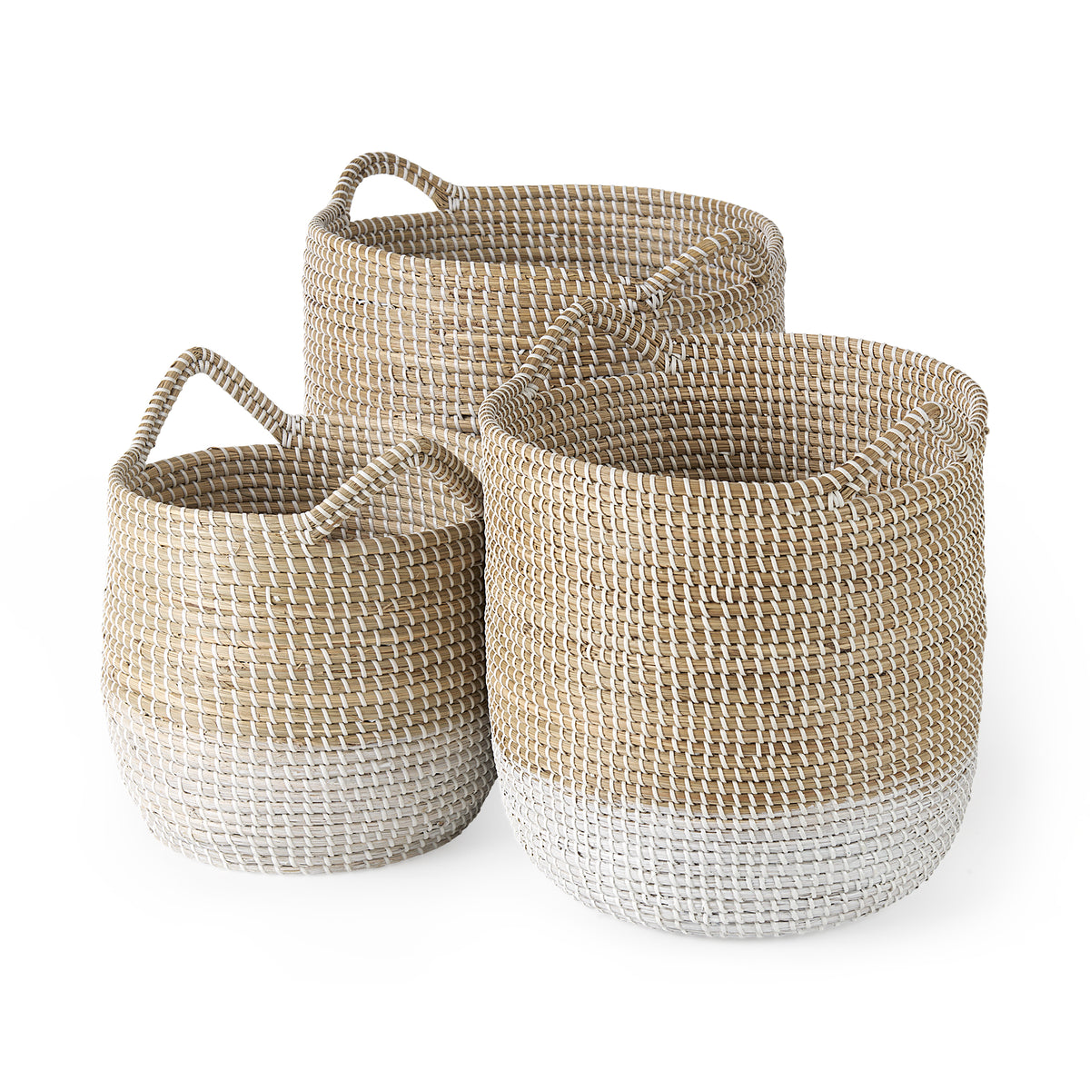 Maddie (Set of 3) Light Brown W/White Dipped Seagrass Round Basket W/ Handles-Decorative Baskets-DECOROLALA