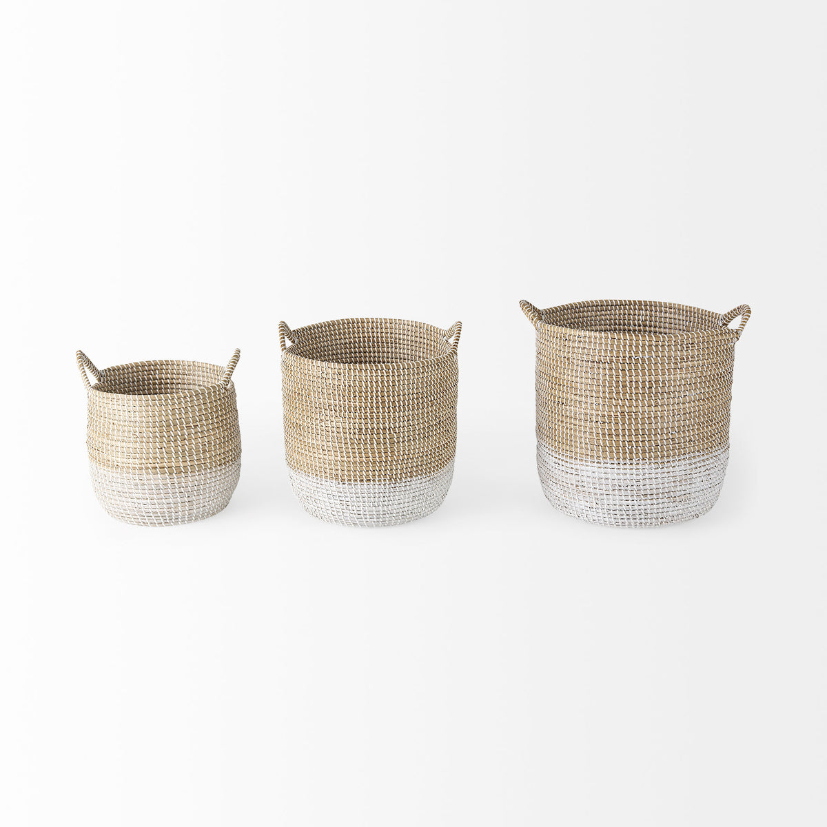 Maddie (Set of 3) Light Brown W/White Dipped Seagrass Round Basket W/ Handles-Decorative Baskets-DECOROLALA