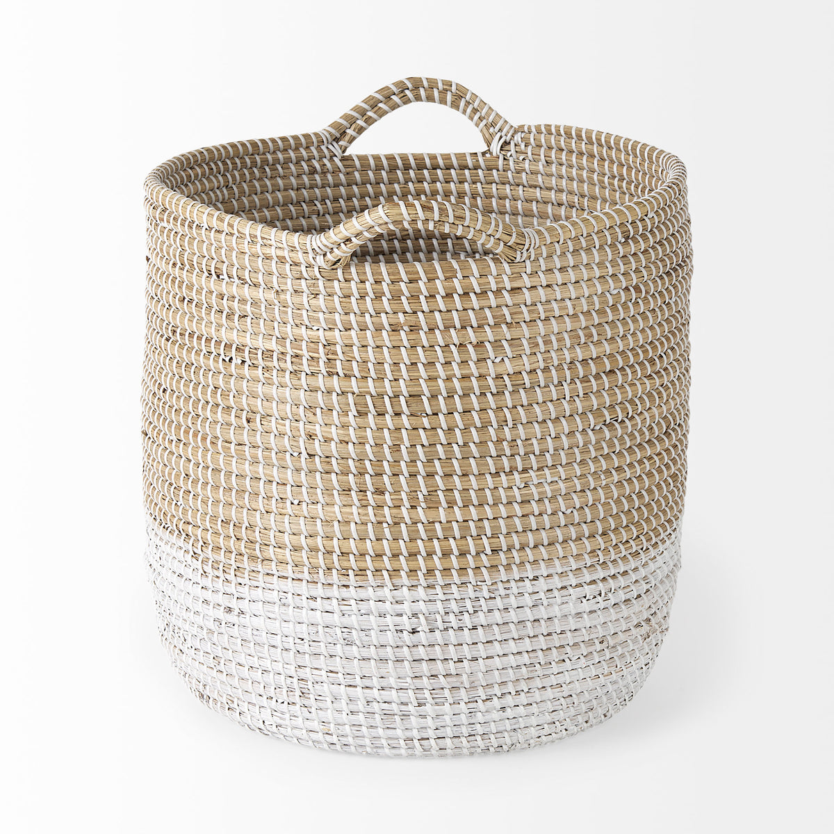 Maddie (Set of 3) Light Brown W/White Dipped Seagrass Round Basket W/ Handles-Decorative Baskets-DECOROLALA