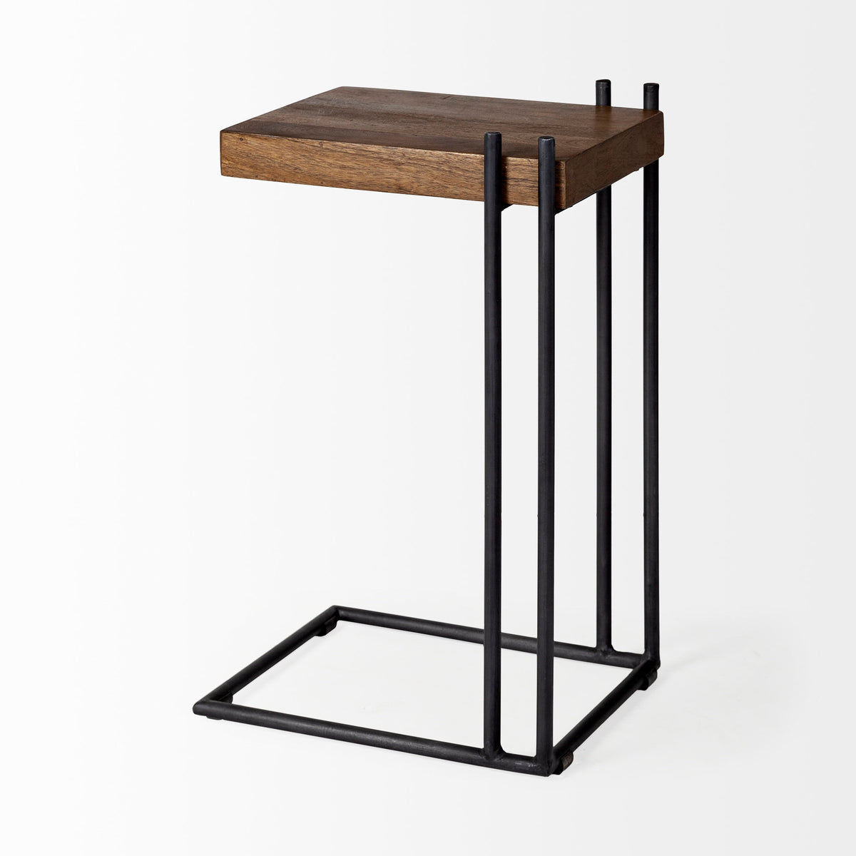 Maddox 16L x 13.5W x 27H Medium Brown Wood w/ Black Metal C-shaped End/Side Table-End and Side Tables-DECOROLALA