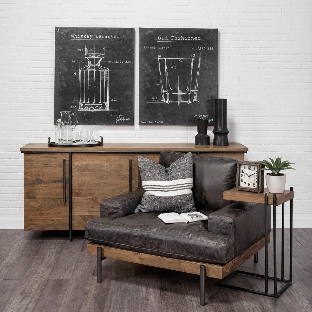 Maddox 16L x 13.5W x 27H Medium Brown Wood w/ Black Metal C-shaped End/Side Table-End and Side Tables-DECOROLALA