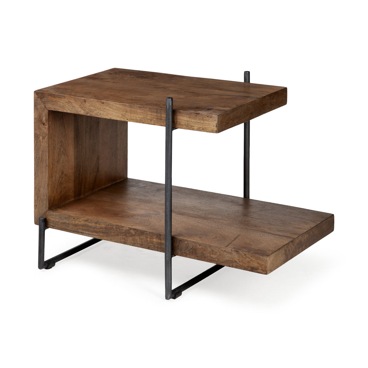 Maddox 30L x 18W x 22H Medium Brown Wood w/ Black Metal U-shaped End/Side Table-End and Side Tables-DECOROLALA