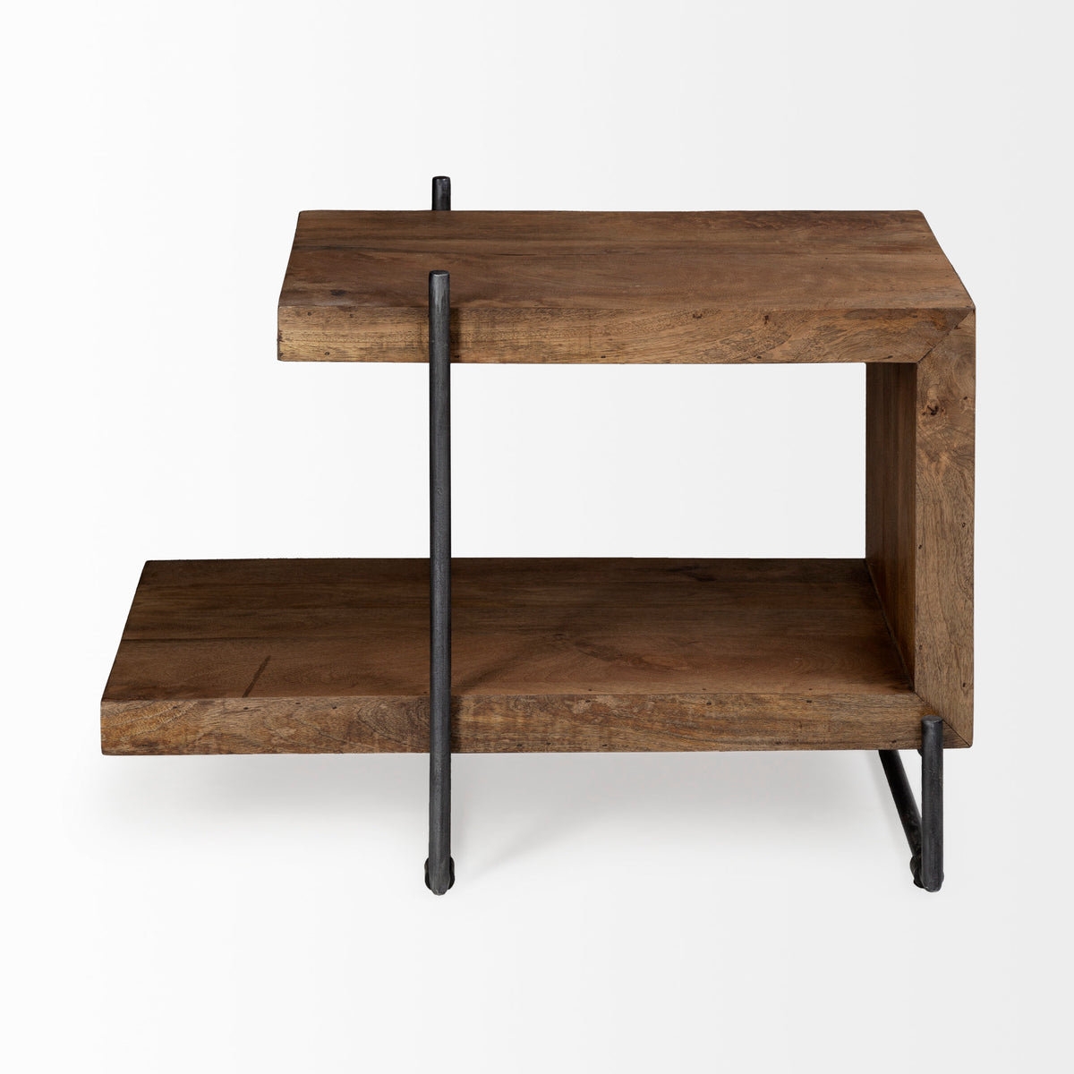 Maddox 30L x 18W x 22H Medium Brown Wood w/ Black Metal U-shaped End/Side Table-End and Side Tables-DECOROLALA