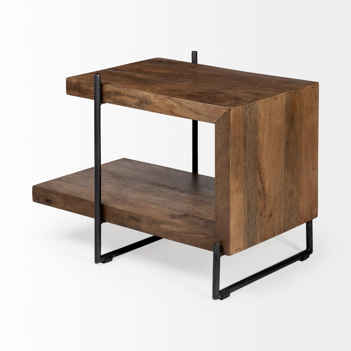 Maddox 30L x 18W x 22H Medium Brown Wood w/ Black Metal U-shaped End/Side Table-End and Side Tables-DECOROLALA