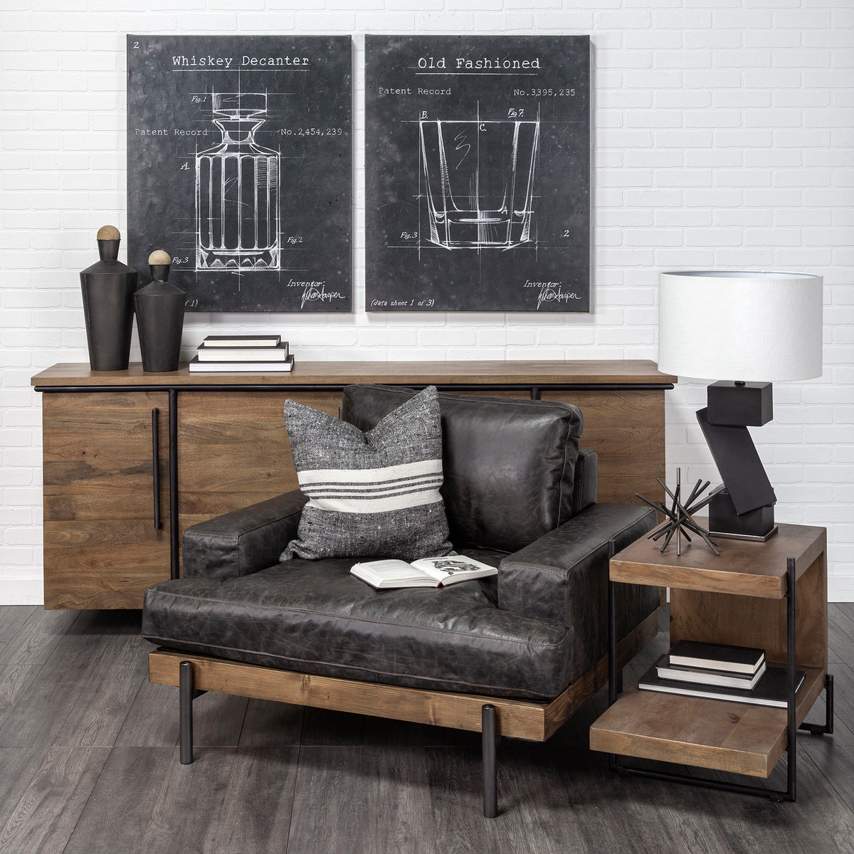 Maddox 30L x 18W x 22H Medium Brown Wood w/ Black Metal U-shaped End/Side Table-End and Side Tables-DECOROLALA