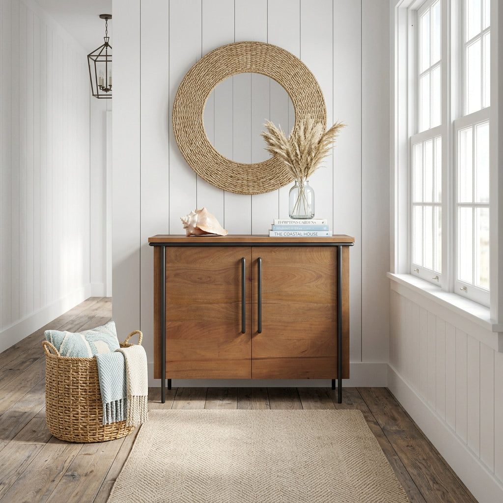 Maddox Accent Cabinet - Brown Solid Wood Black Metal 2 Door-Accent Cabinets & Chests-DECOROLALA