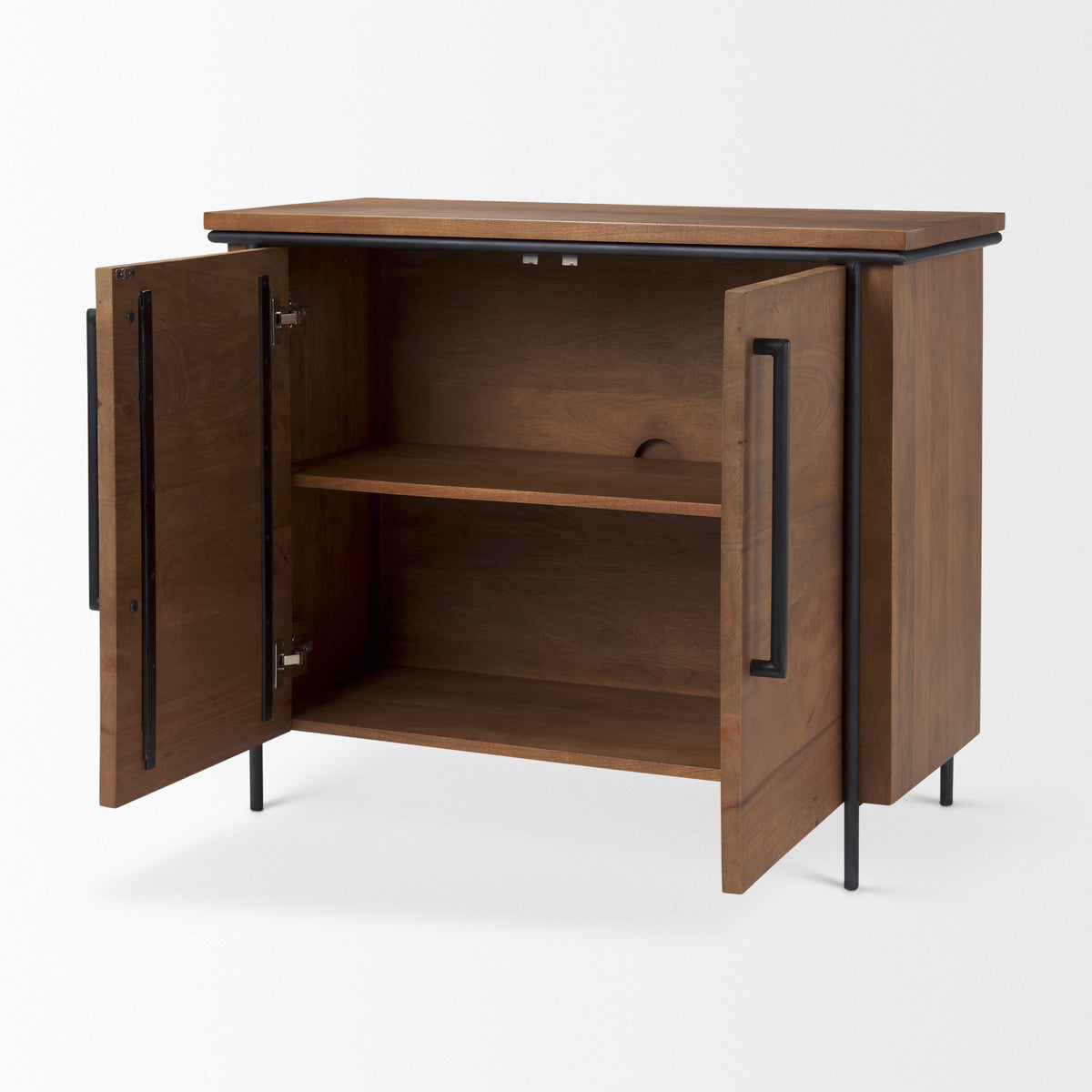 Maddox Accent Cabinet - Brown Solid Wood Black Metal 2 Door-Accent Cabinets & Chests-DECOROLALA