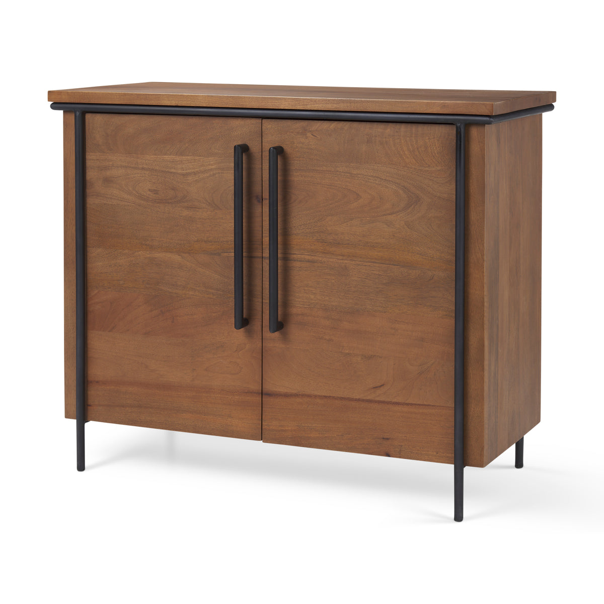 Maddox 40.0L x 18.5W x 32.75H Brown Solid Wood Black Metal 2 Door Accent Cabinet-Accent Cabinets & Chests-DECOROLALA