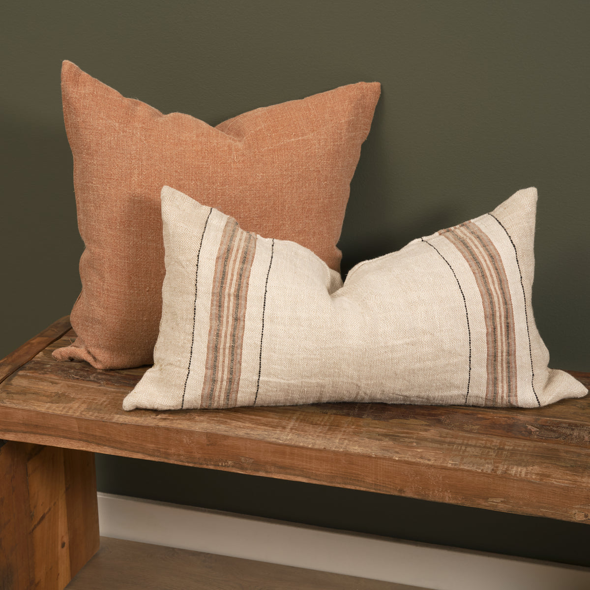 Maeve 14x26 Lumbar Natural Linen w/ Orange Stripes Decorative Pillow Cover-Decorative Pillows-DECOROLALA