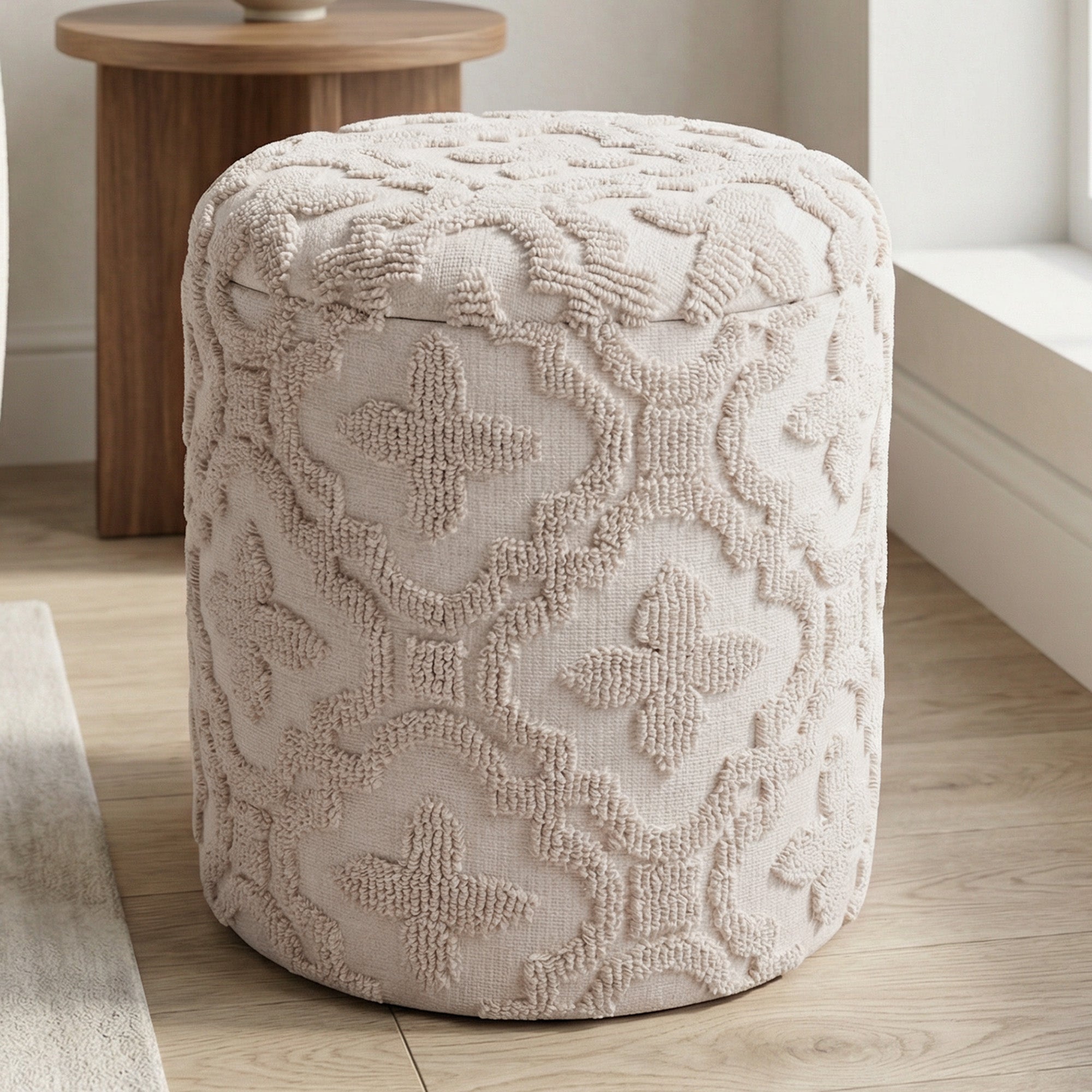Magnolia Round Storage Ottoman - Ivory Lattice Pattern-DECOROLALA