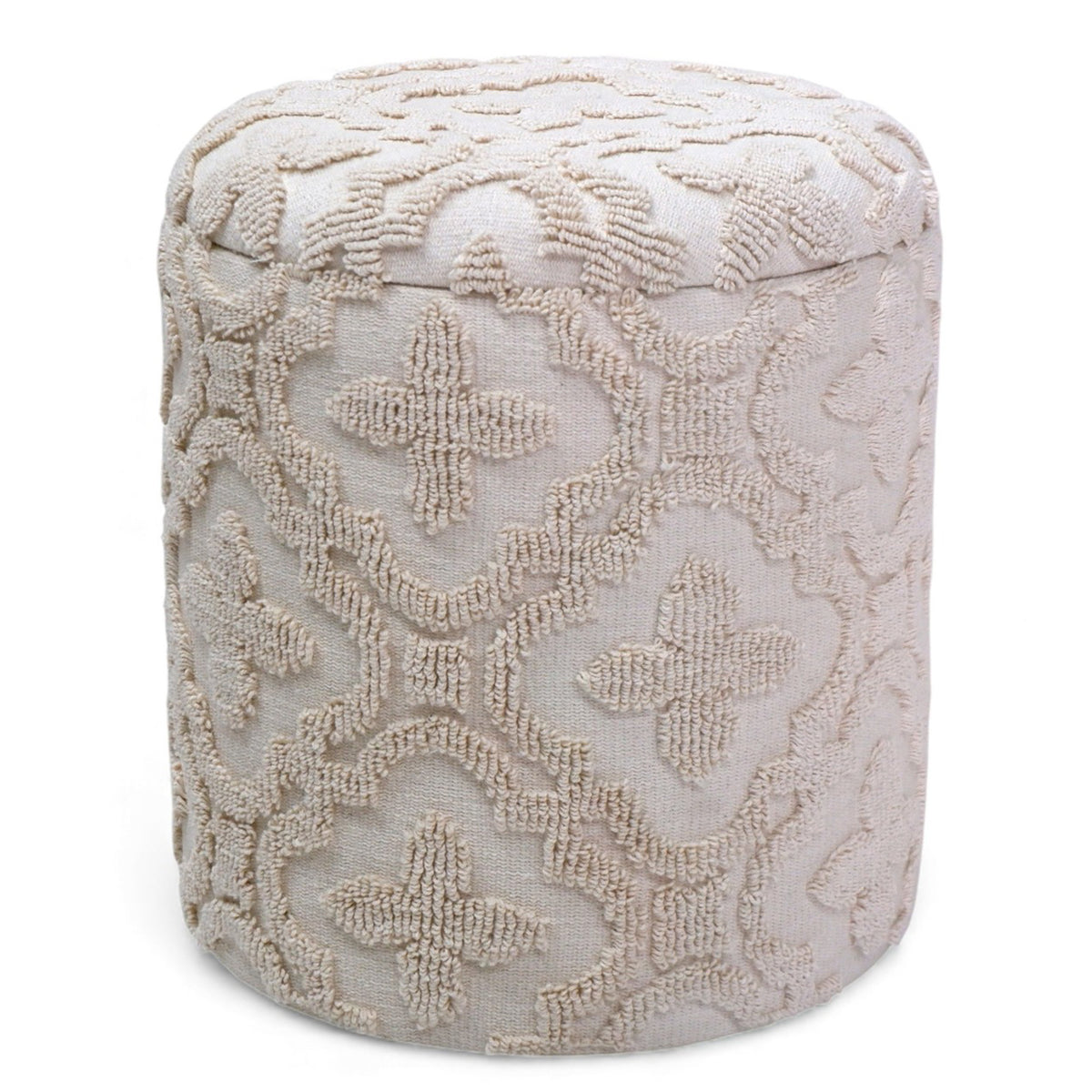 Magnolia Round Storage Ottoman - Ivory Lattice Pattern-Storage Ottomans-DECOROLALA