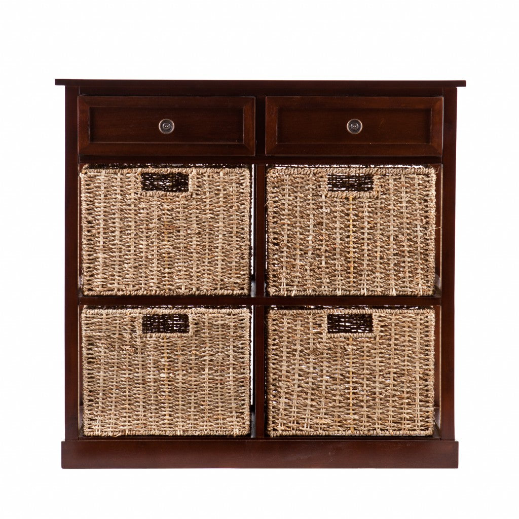 Mahogany and Seagrass Basket Storage Shelving Unit-Sideboards-DECOROLALA