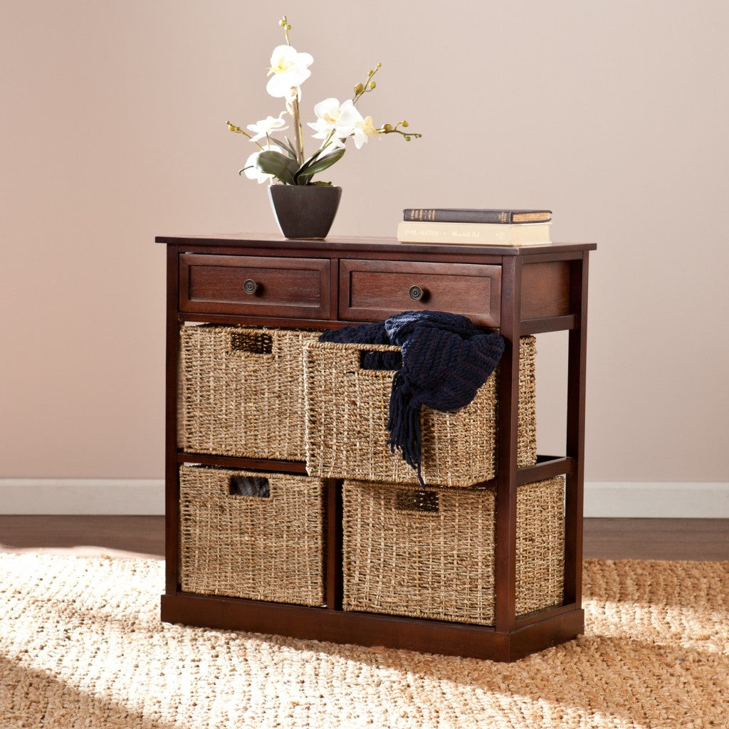 Mahogany and Seagrass Basket Storage Shelving Unit-Sideboards-DECOROLALA