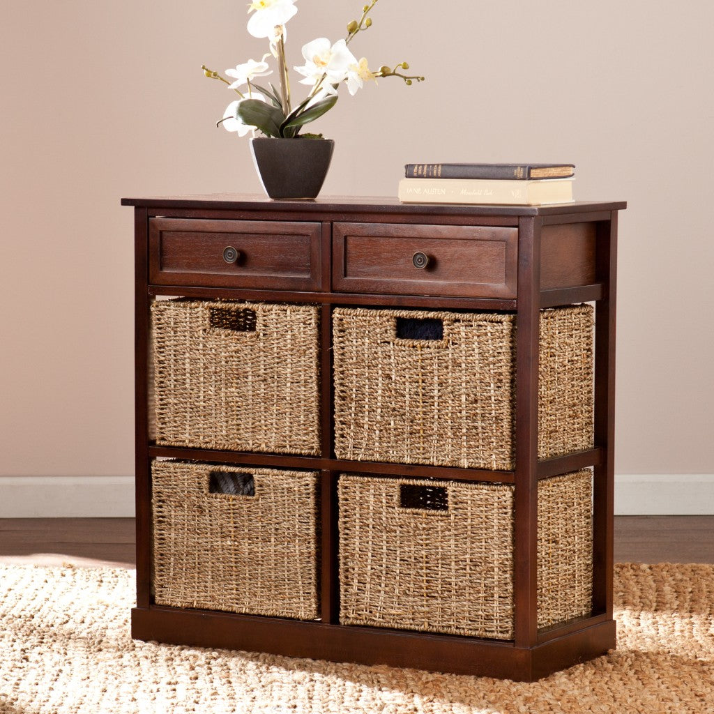 Mahogany and Seagrass Basket Storage Shelving Unit-Sideboards-DECOROLALA