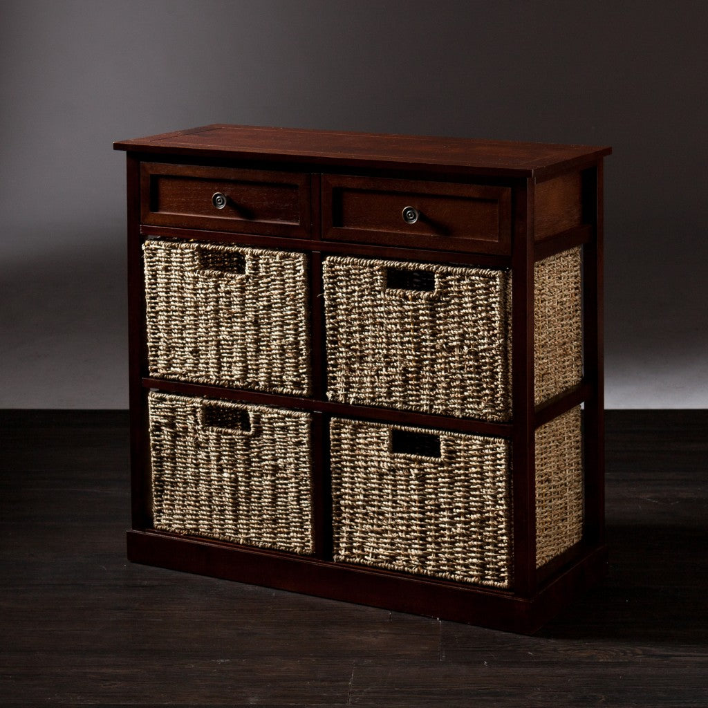 Mahogany and Seagrass Basket Storage Shelving Unit-Sideboards-DECOROLALA