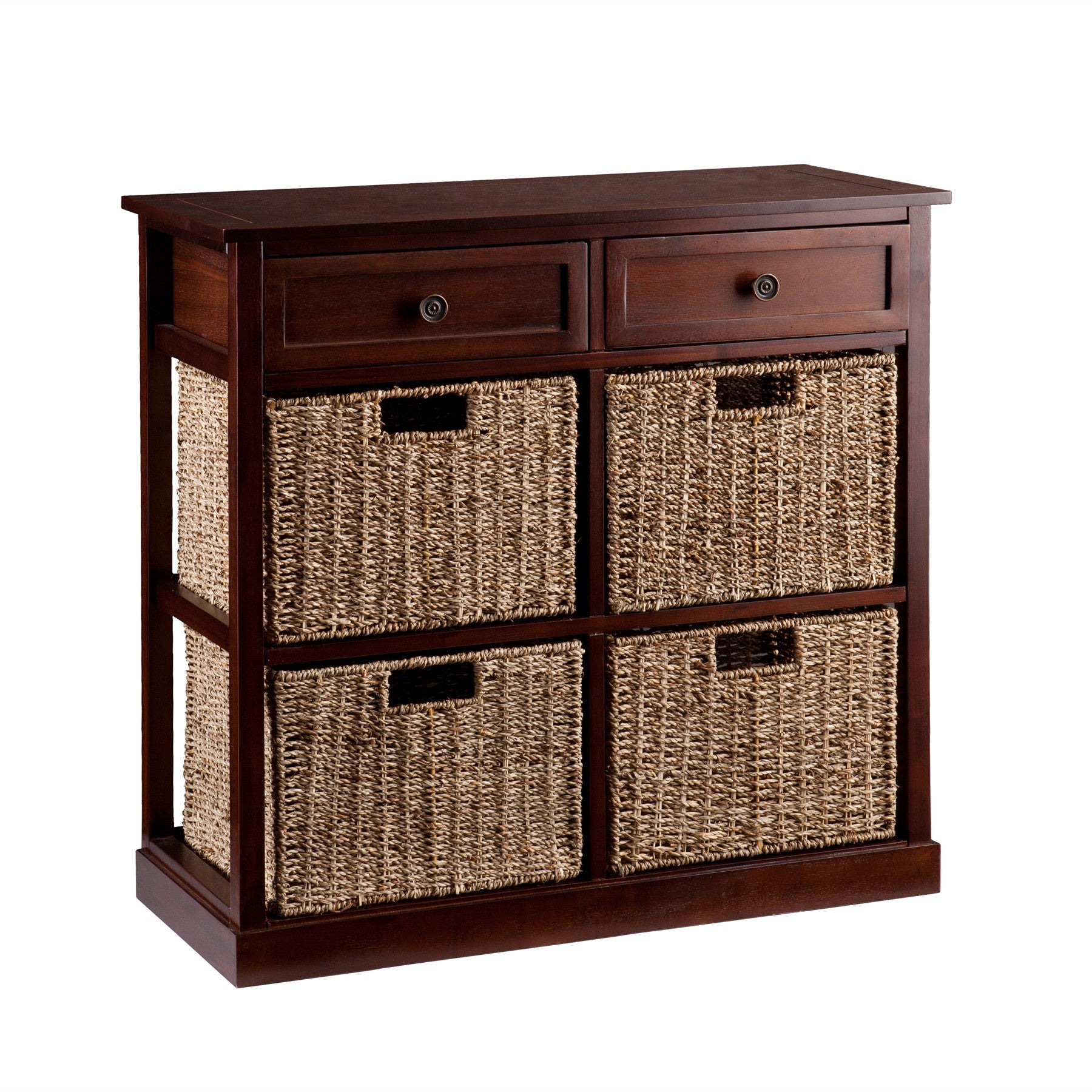 Mahogany and Seagrass Basket Storage Shelving Unit-Sideboards-DECOROLALA