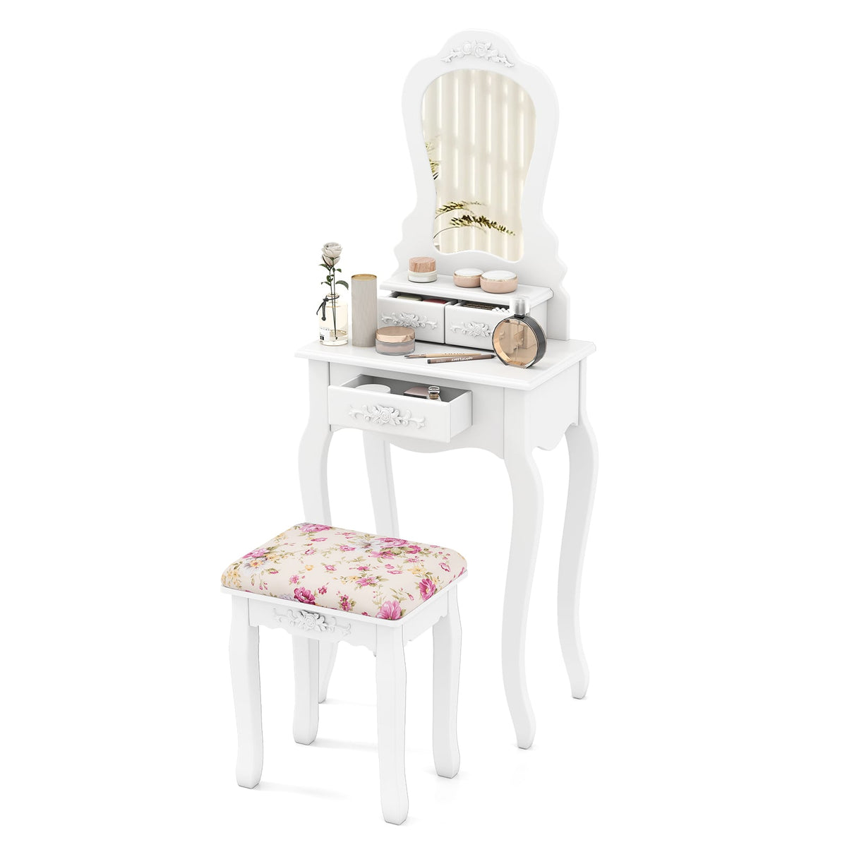 Makeup Dressing Table and Bench 3 Drawers and Cushioned Stool for Girls-White-Makeup Vanities-DECOROLALA