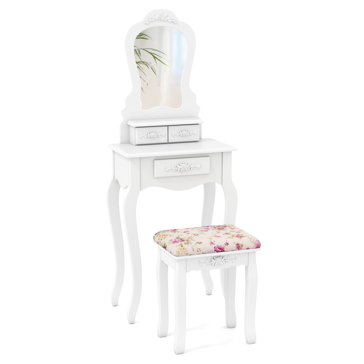 Makeup Dressing Table and Bench 3 Drawers and Cushioned Stool for Girls-White-Makeup Vanities-DECOROLALA
