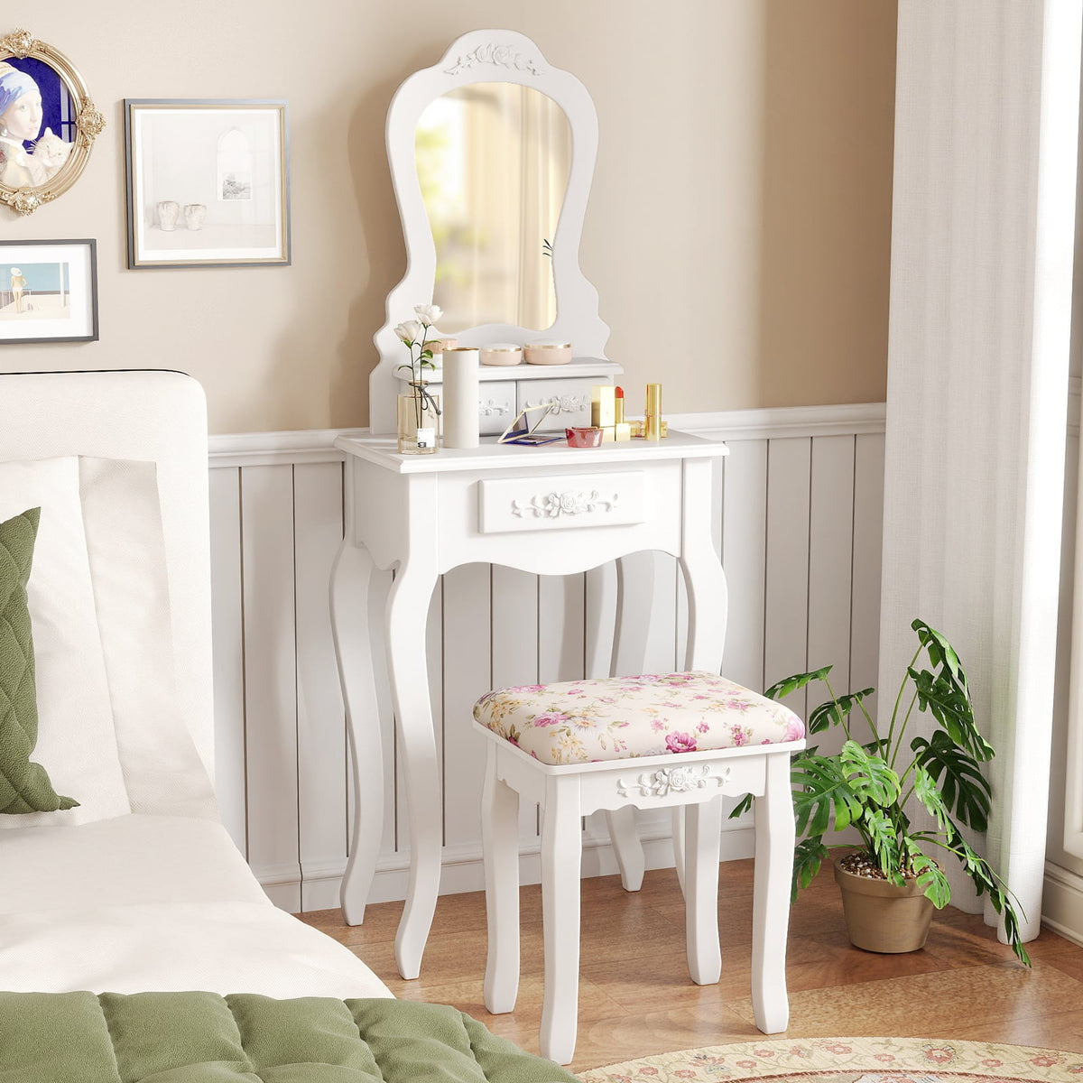 Makeup Dressing Table and Bench 3 Drawers and Cushioned Stool for Girls-White-Makeup Vanities-DECOROLALA