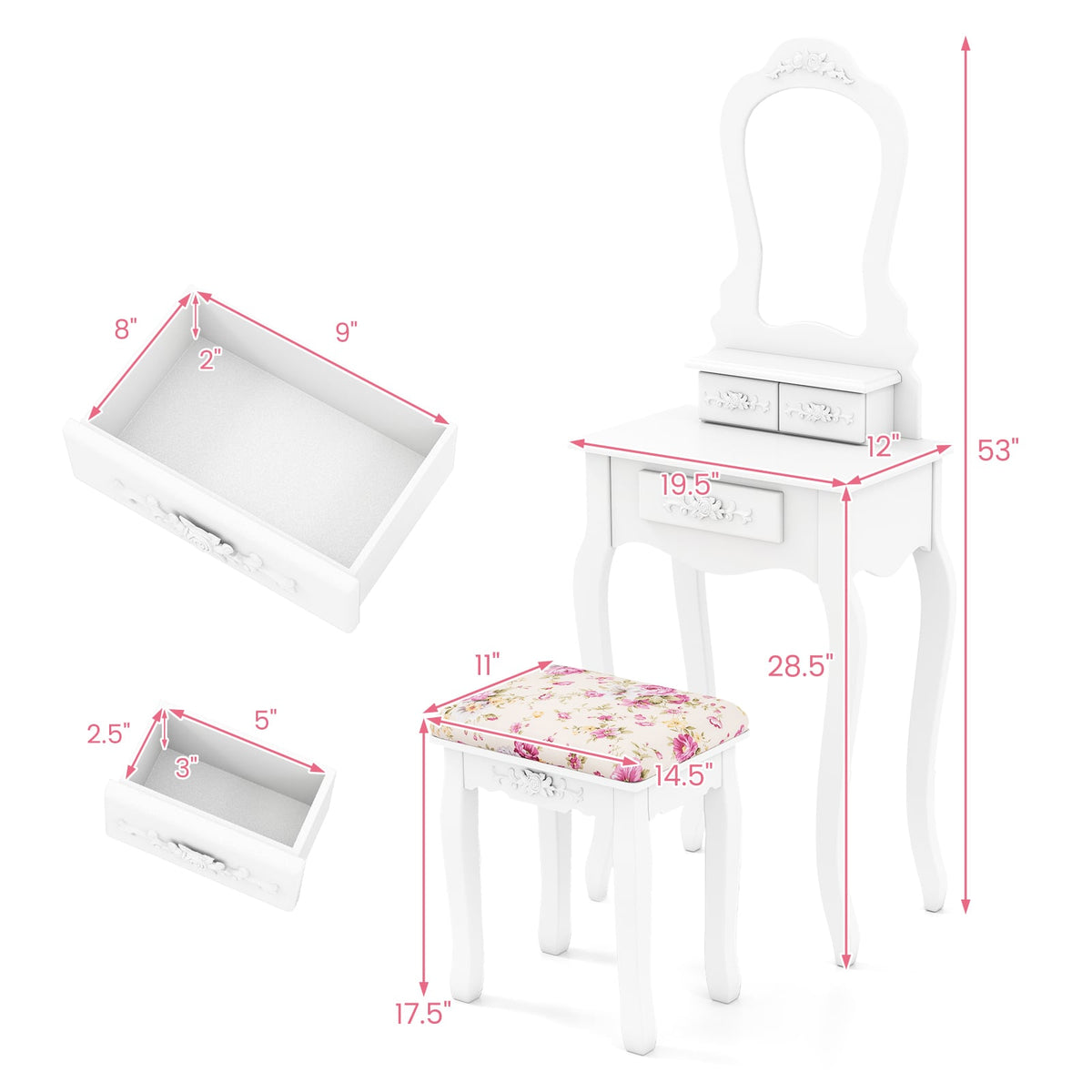 Makeup Dressing Table and Bench 3 Drawers and Cushioned Stool for Girls-White-Makeup Vanities-DECOROLALA