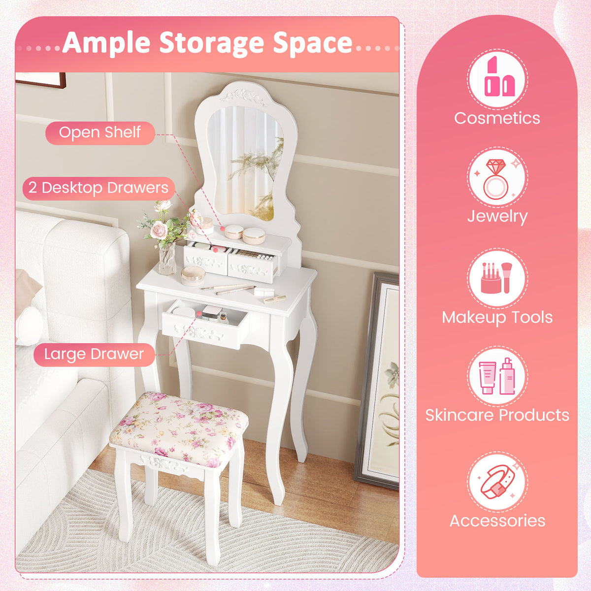 Makeup Dressing Table and Bench 3 Drawers and Cushioned Stool for Girls-White-Makeup Vanities-DECOROLALA
