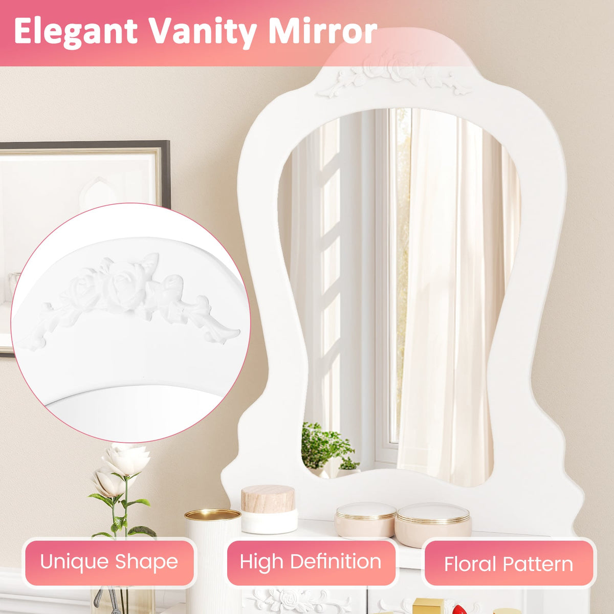 Makeup Dressing Table and Bench 3 Drawers and Cushioned Stool for Girls-White-Makeup Vanities-DECOROLALA