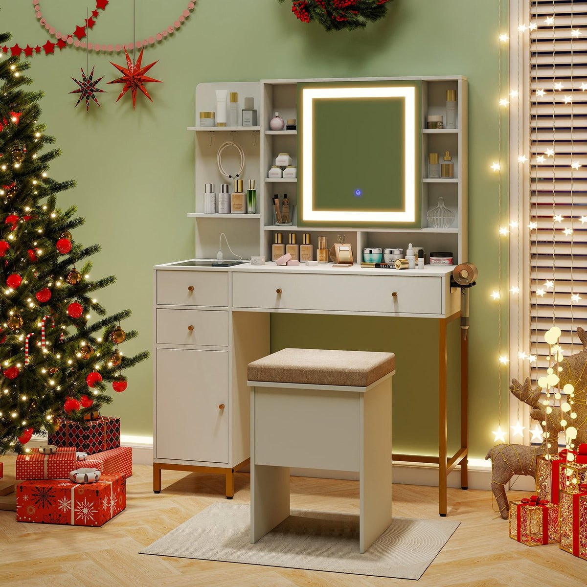 Makeup Dressing Table and Stool set with 3 Lighting Modes and Cabinet-White-Makeup Vanities-DECOROLALA