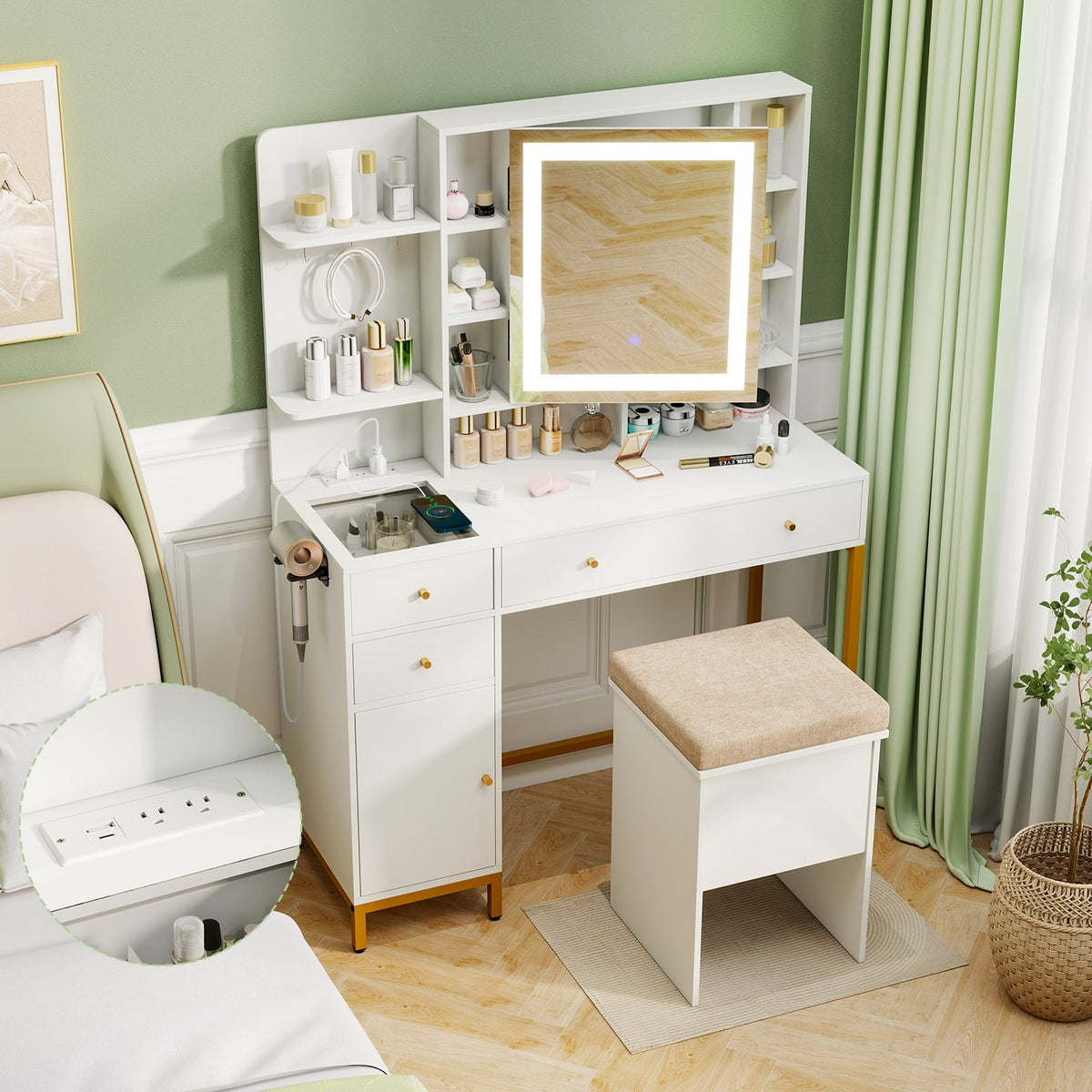 Makeup Dressing Table and Stool set with 3 Lighting Modes and Cabinet-White-Makeup Vanities-DECOROLALA