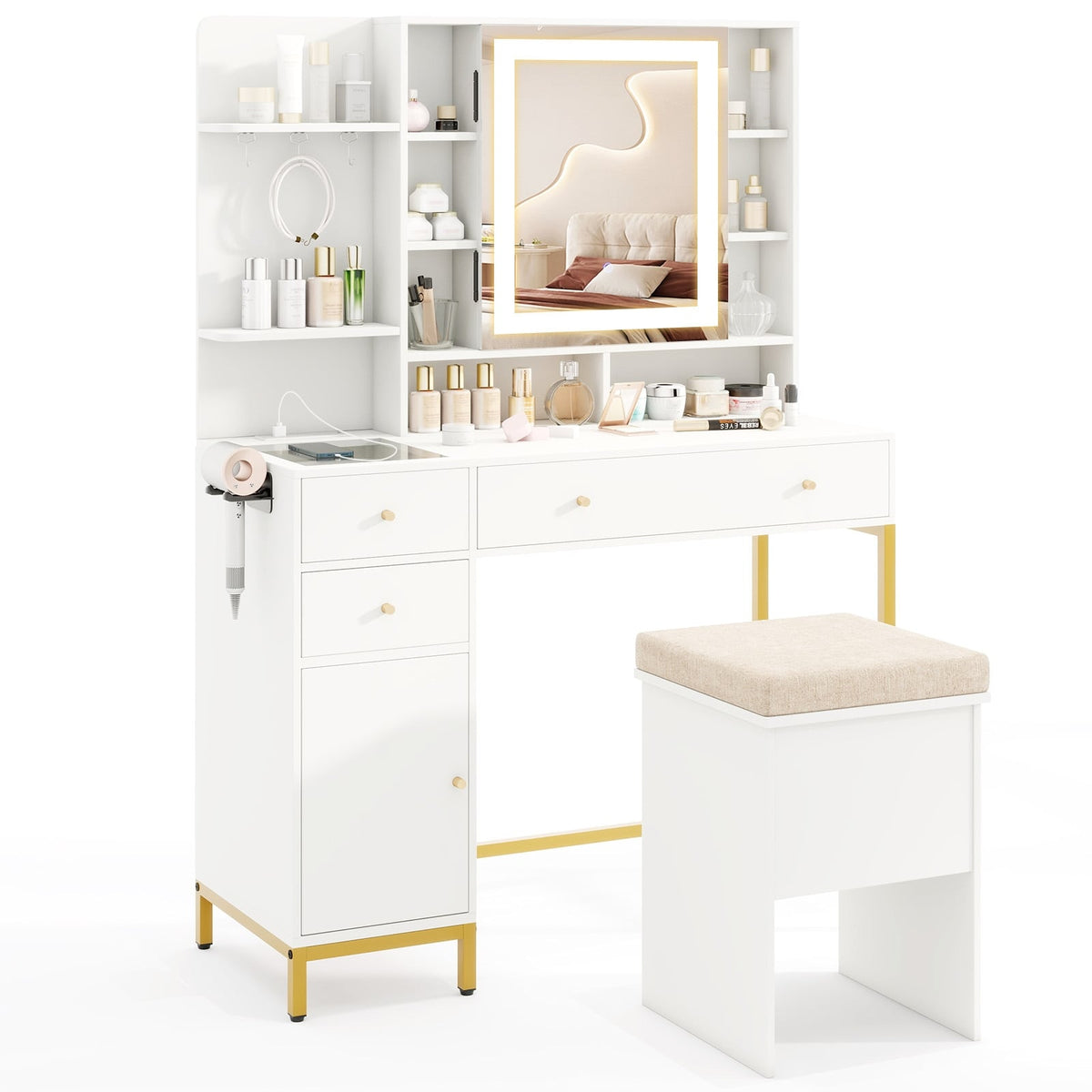 Makeup Dressing Table and Stool set with 3 Lighting Modes and Cabinet-White-Makeup Vanities-DECOROLALA