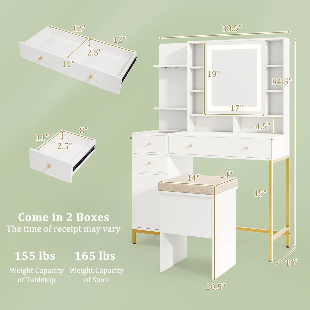 Makeup Dressing Table and Stool set with 3 Lighting Modes and Cabinet-White-Makeup Vanities-DECOROLALA