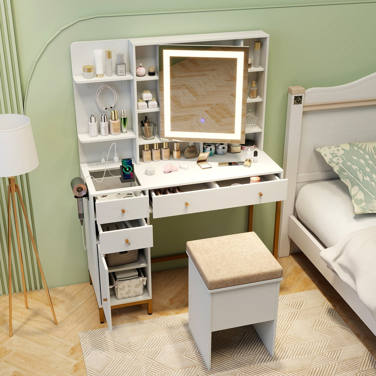 Makeup Dressing Table and Stool set with 3 Lighting Modes and Cabinet-White-Makeup Vanities-DECOROLALA