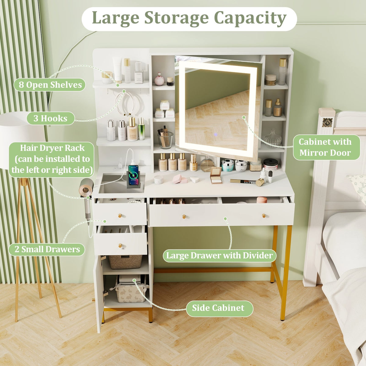 Makeup Dressing Table and Stool set with 3 Lighting Modes and Cabinet-White-Makeup Vanities-DECOROLALA