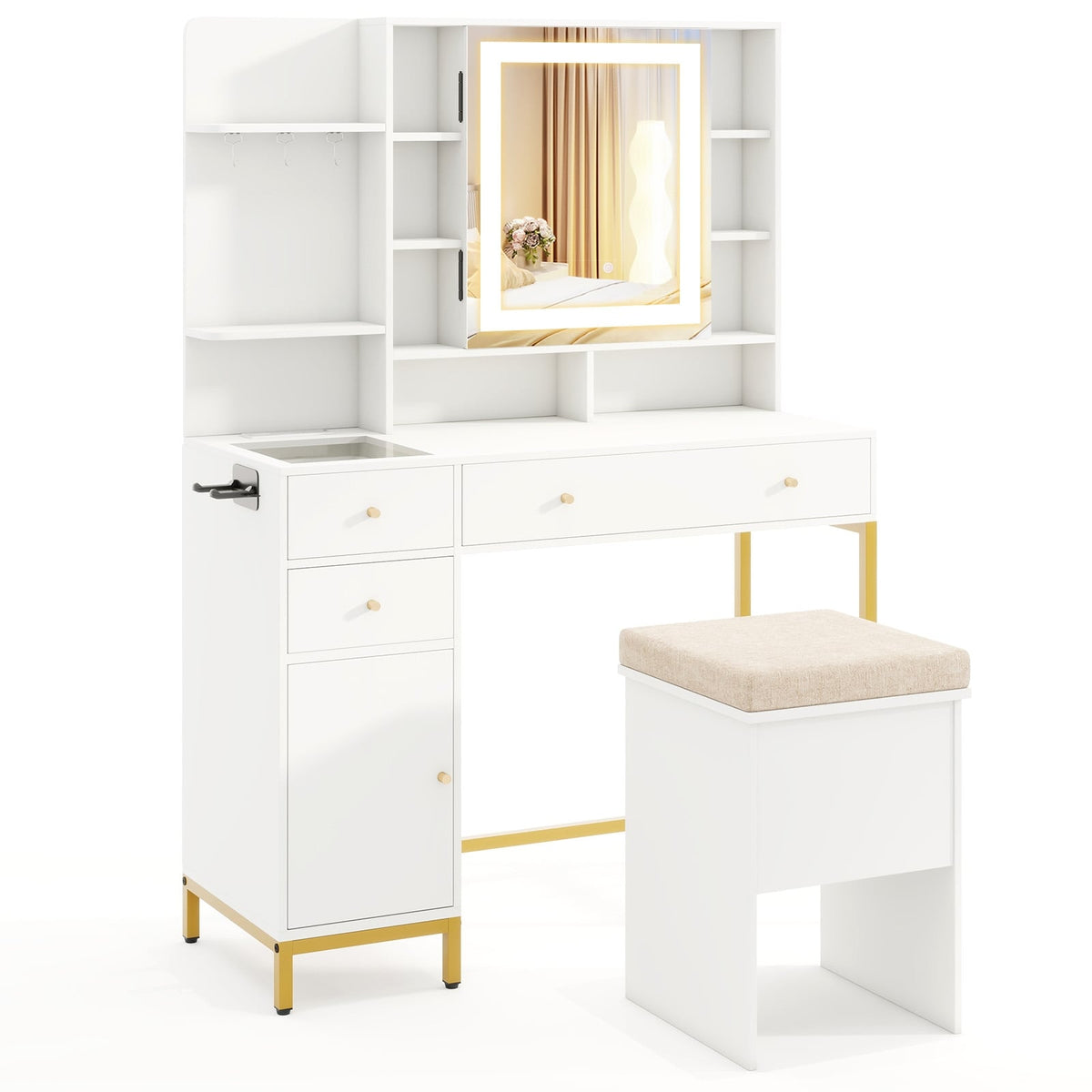 Makeup Dressing Table and Stool set with 3 Lighting Modes and Cabinet-White-Makeup Vanities-DECOROLALA