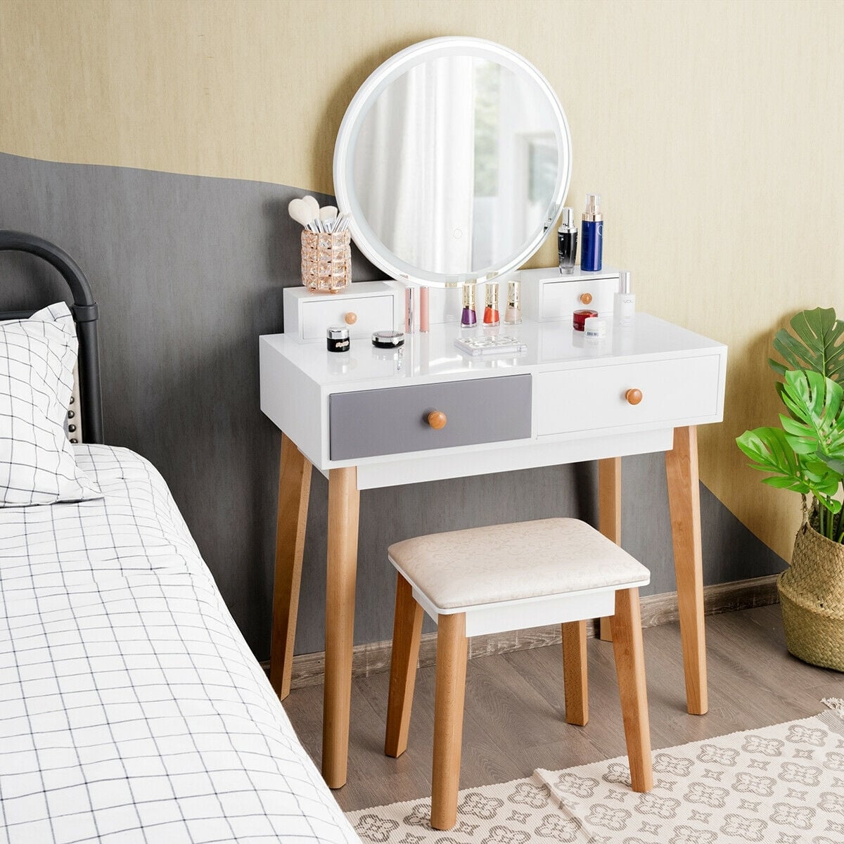 Makeup Dressing Table with 4 Drawers and Lighted Mirror-White-Makeup Vanities-DECOROLALA