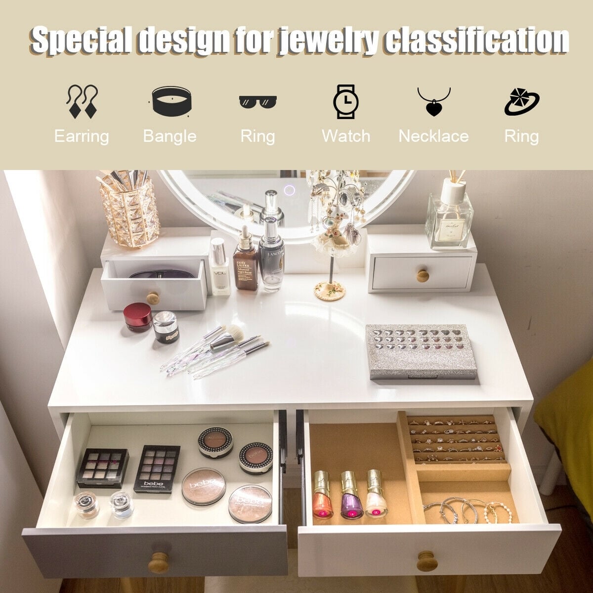 Makeup Dressing Table with 4 Drawers and Lighted Mirror-White-Makeup Vanities-DECOROLALA