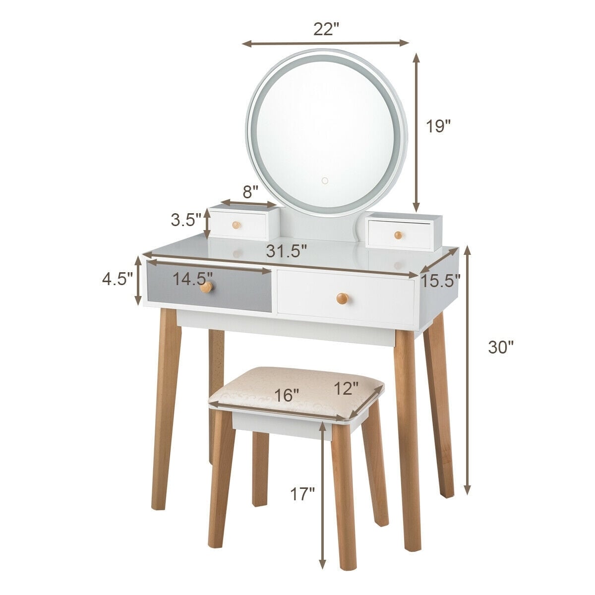Makeup Dressing Table with 4 Drawers and Lighted Mirror-White-Makeup Vanities-DECOROLALA