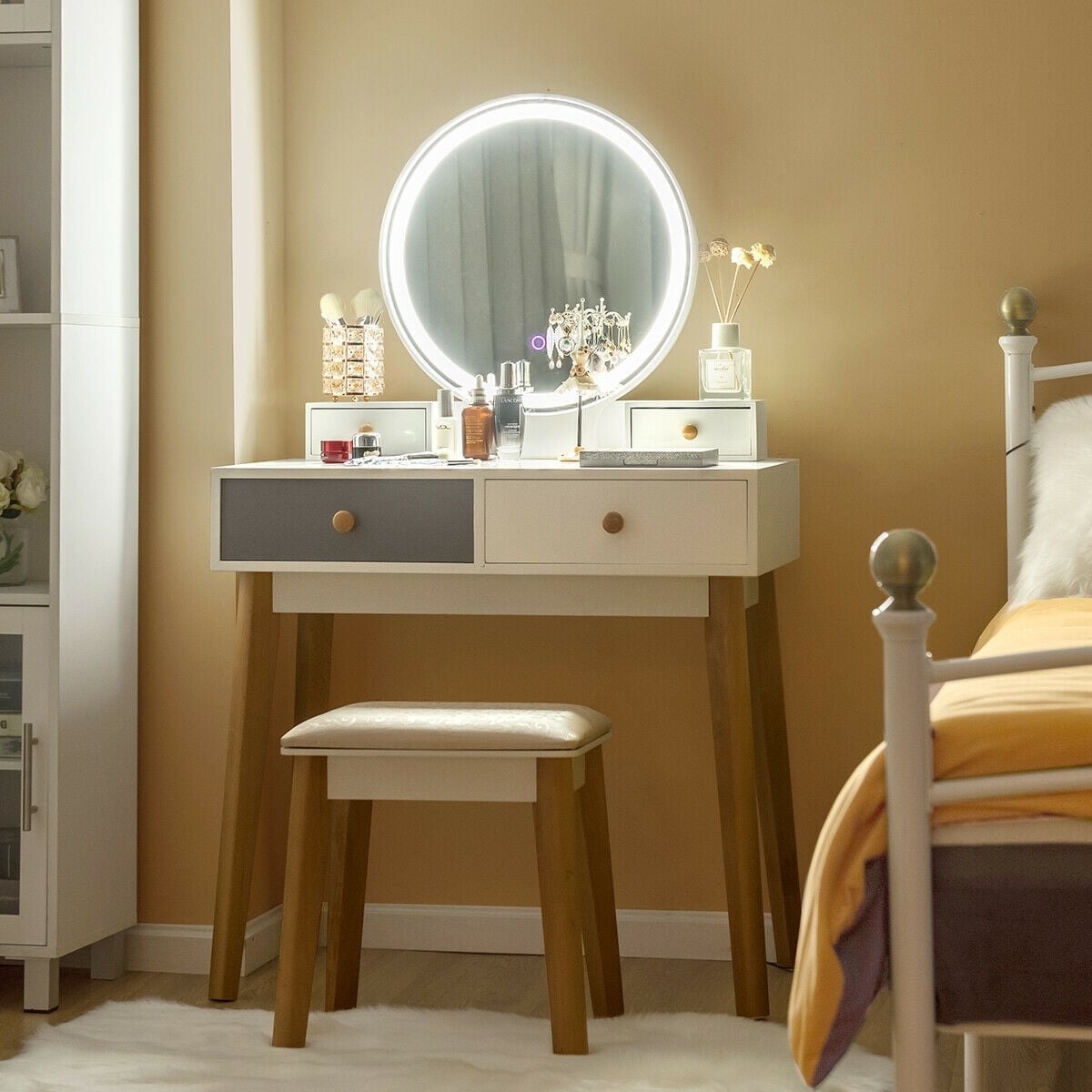 Makeup Dressing Table with 4 Drawers and Lighted Mirror-White-Makeup Vanities-DECOROLALA