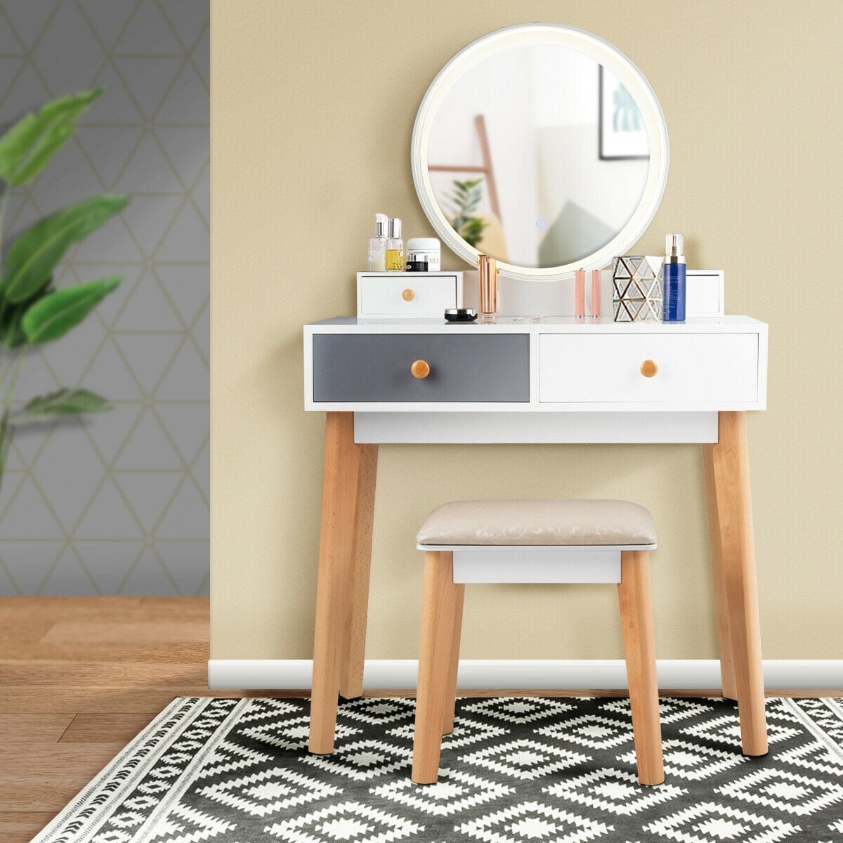 Makeup Dressing Table with 4 Drawers and Lighted Mirror-White-Makeup Vanities-DECOROLALA