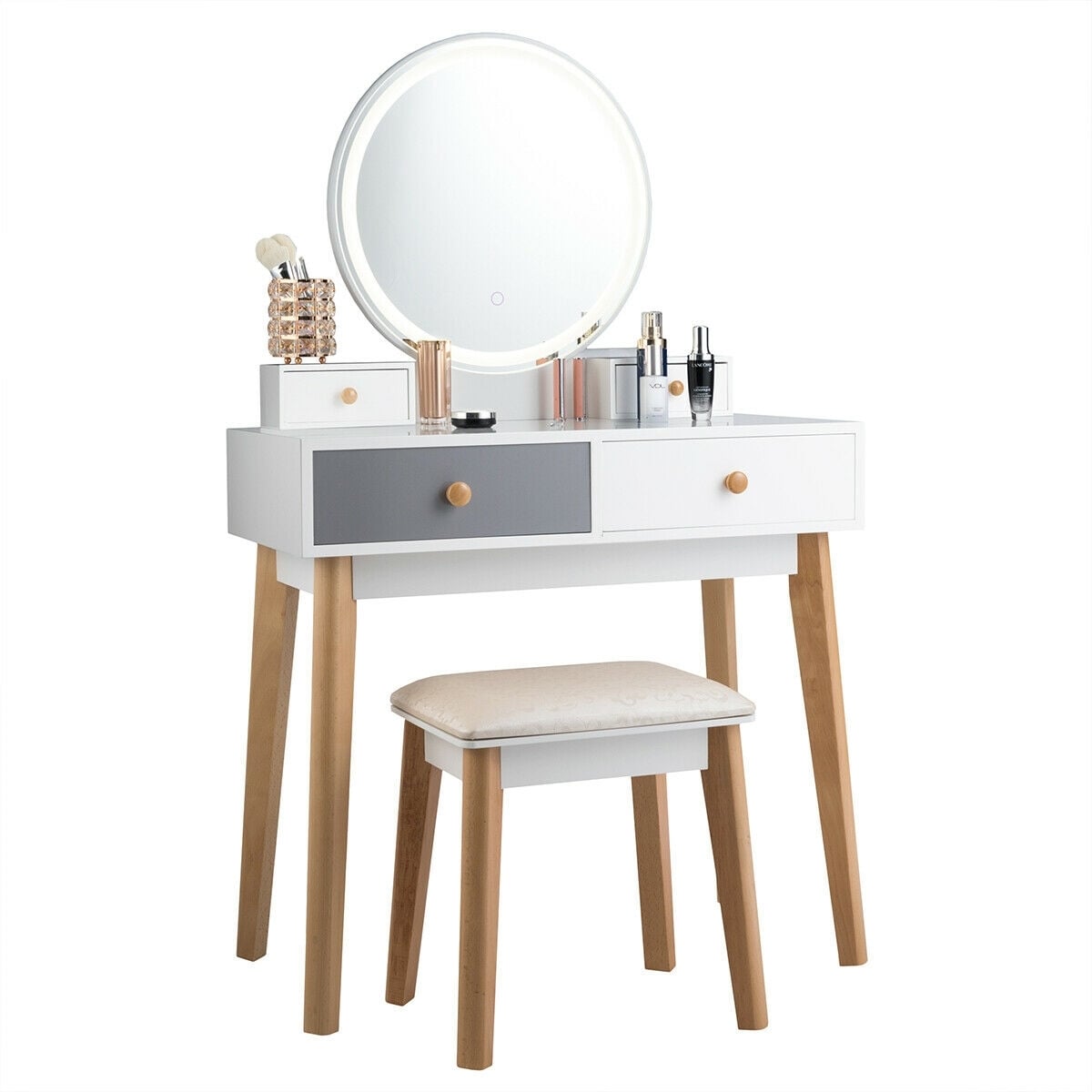 Makeup Dressing Table with 4 Drawers and Lighted Mirror-White-Makeup Vanities-DECOROLALA