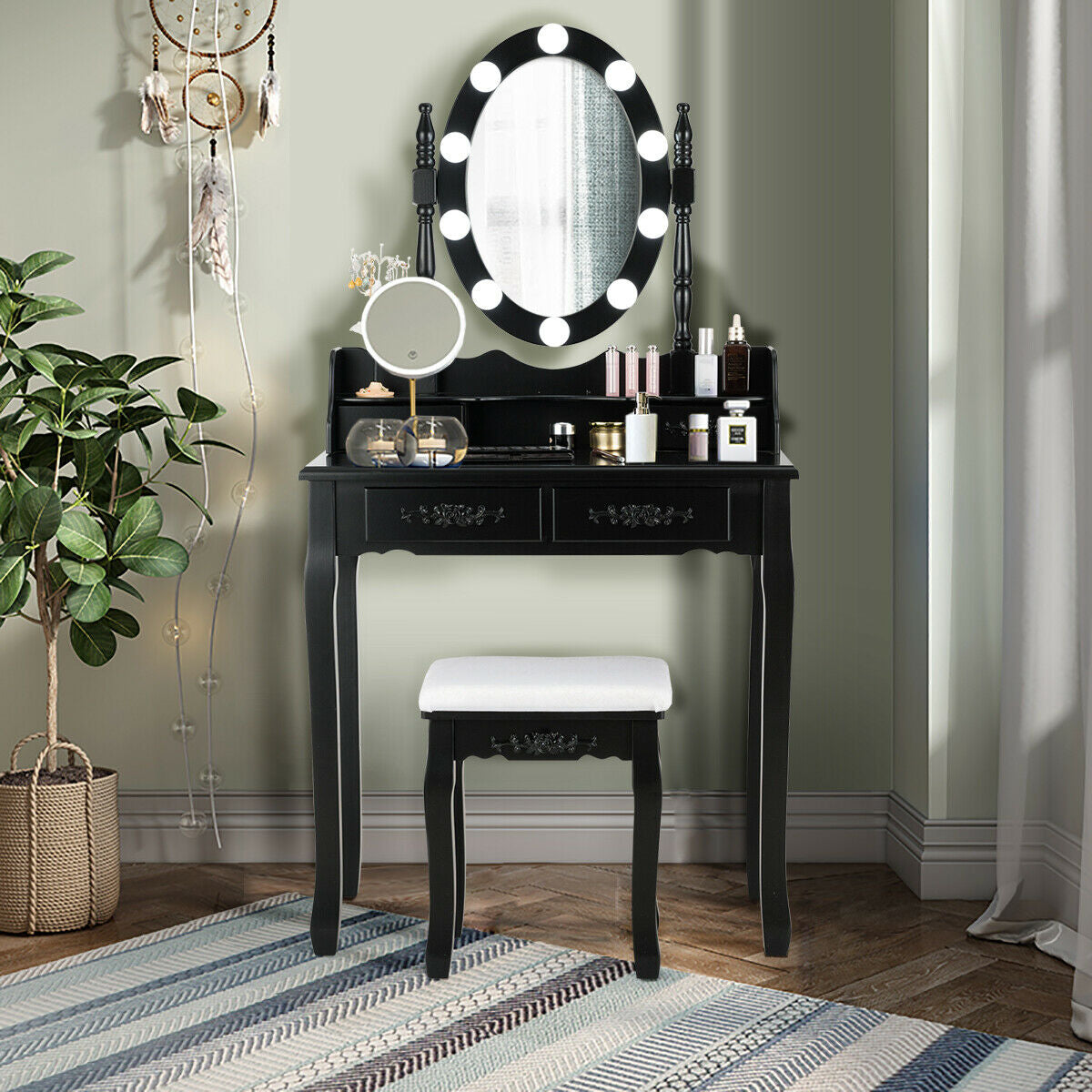 Makeup Dressing Table with Touch Switch Lighted Mirror and Cushioned Stool-Black-Makeup Vanities-DECOROLALA