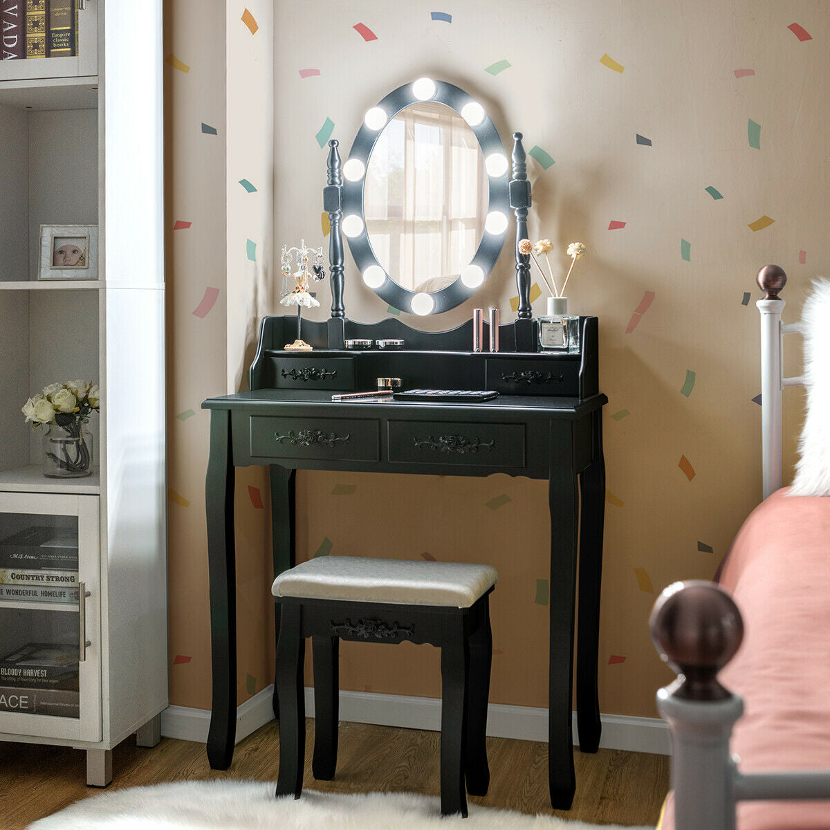Makeup Dressing Table with Touch Switch Lighted Mirror and Cushioned Stool-Black-Makeup Vanities-DECOROLALA