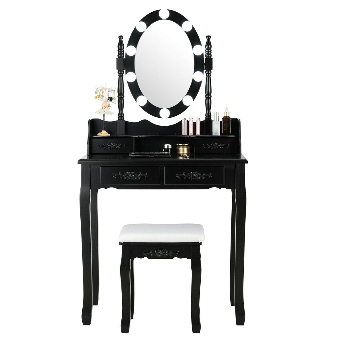 Makeup Dressing Table with Touch Switch Lighted Mirror and Cushioned Stool-Black-Makeup Vanities-DECOROLALA