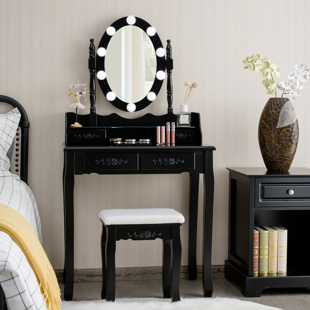 Makeup Dressing Table with Touch Switch Lighted Mirror and Cushioned Stool-Black-Makeup Vanities-DECOROLALA