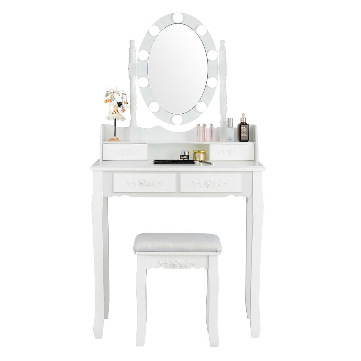Makeup Dressing Table with Touch Switch Lighted Mirror and Cushioned Stool-White-Makeup Vanities-DECOROLALA