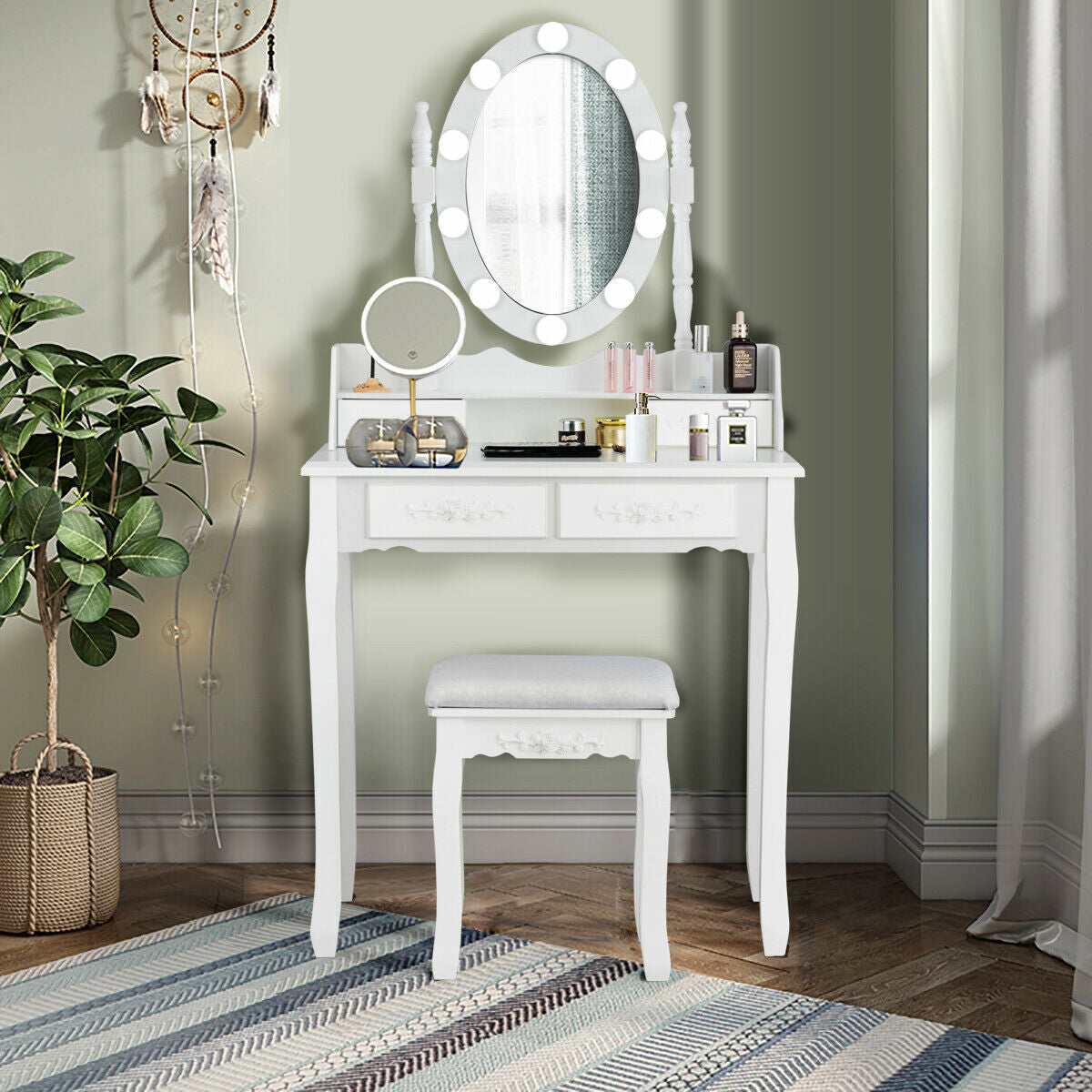Makeup Dressing Table with Touch Switch Lighted Mirror and Cushioned Stool-White-Makeup Vanities-DECOROLALA
