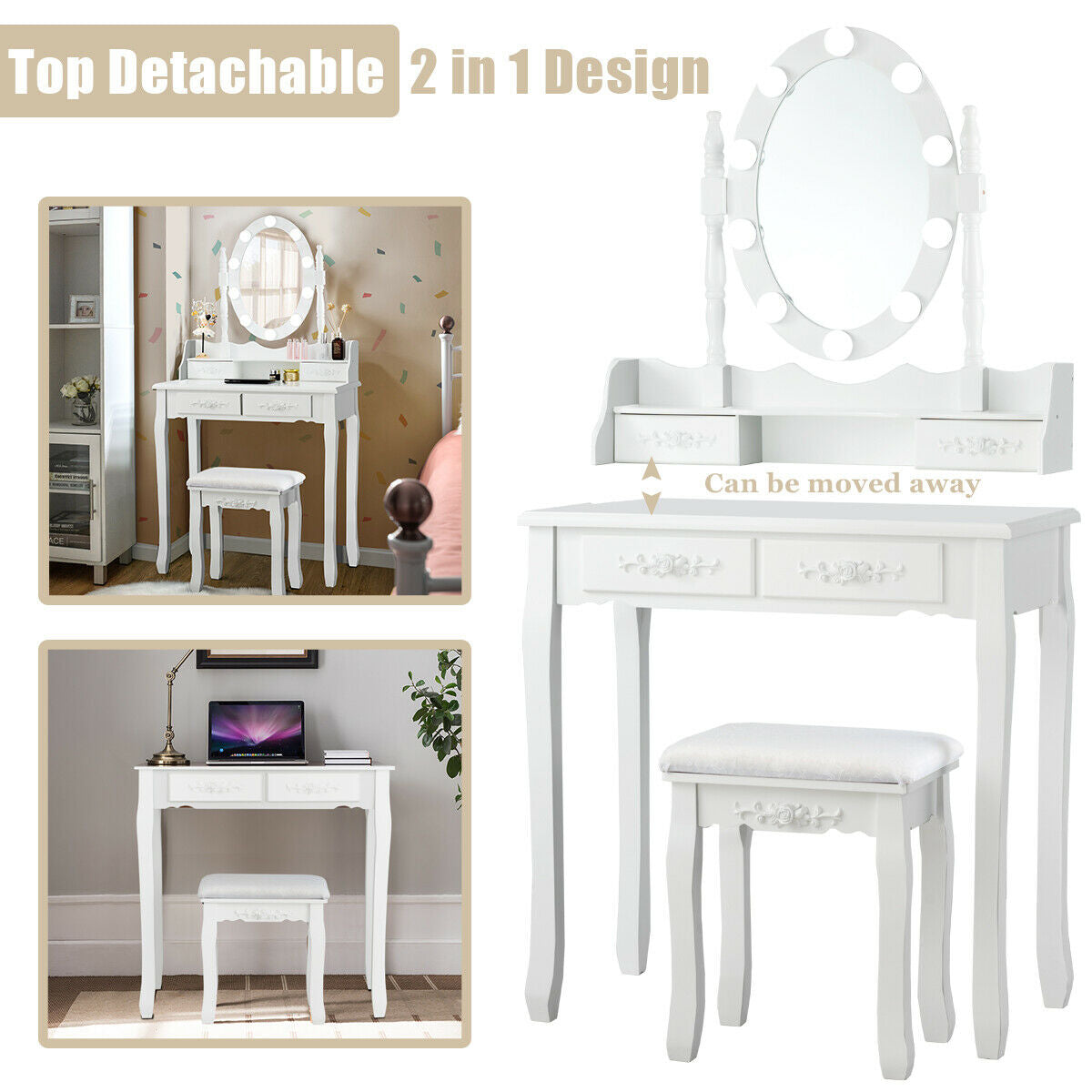 Makeup Dressing Table with Touch Switch Lighted Mirror and Cushioned Stool-White-Makeup Vanities-DECOROLALA