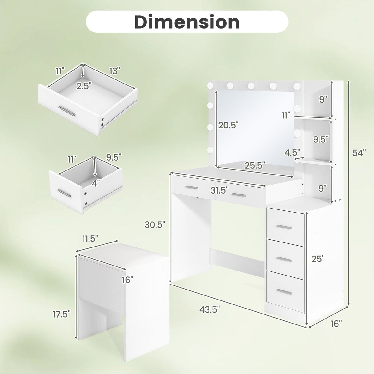 Makeup Table and Stool Set with Hair Dryer Stand-White-Makeup Vanities-DECOROLALA