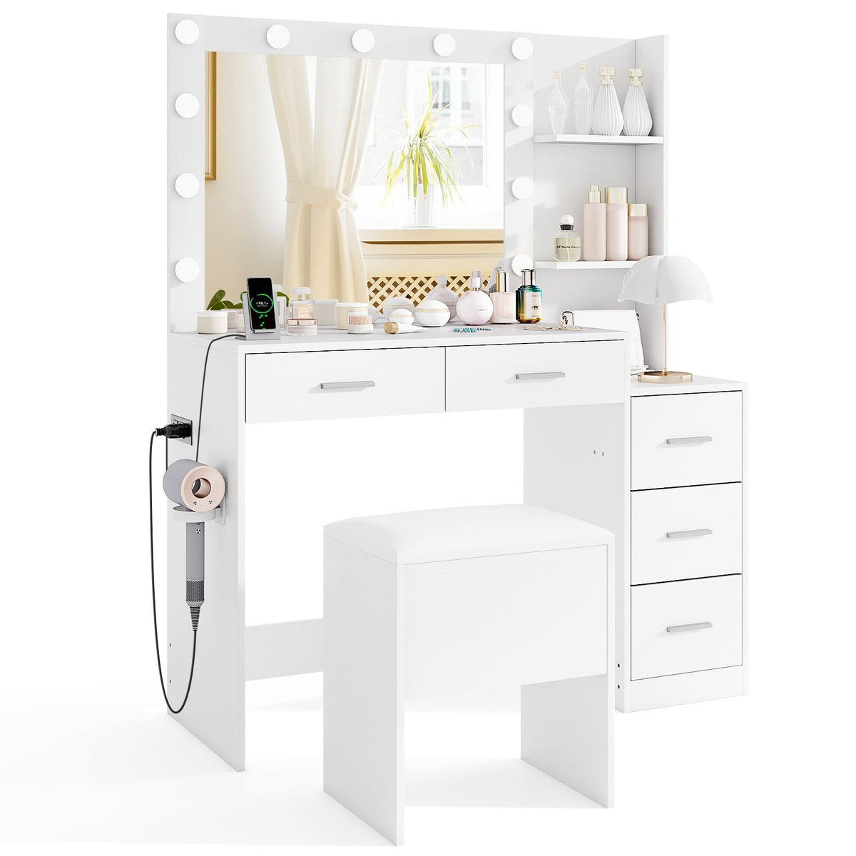 Makeup Table and Stool Set with Hair Dryer Stand-White-Makeup Vanities-DECOROLALA