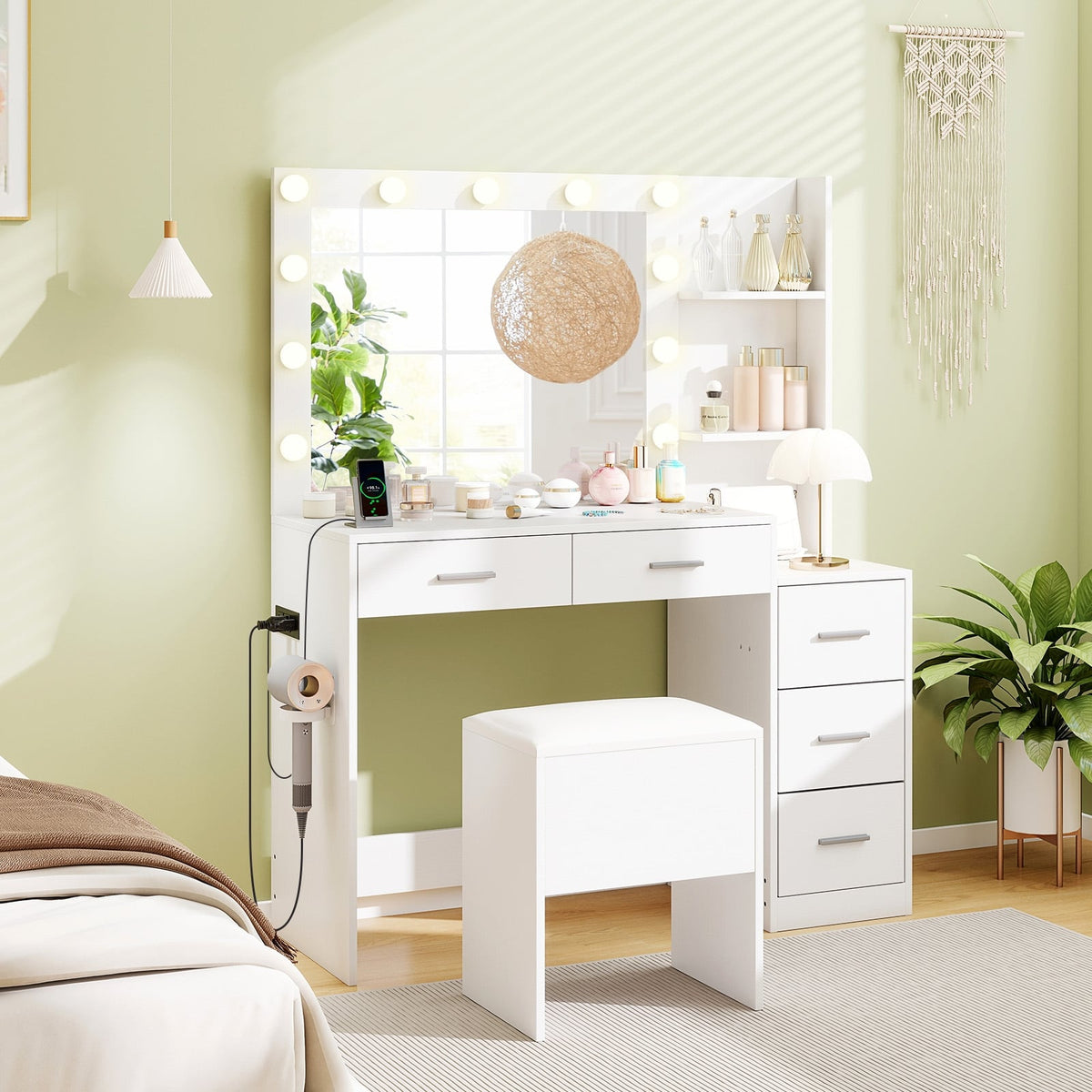 Makeup Table and Stool Set with Hair Dryer Stand-White-Makeup Vanities-DECOROLALA